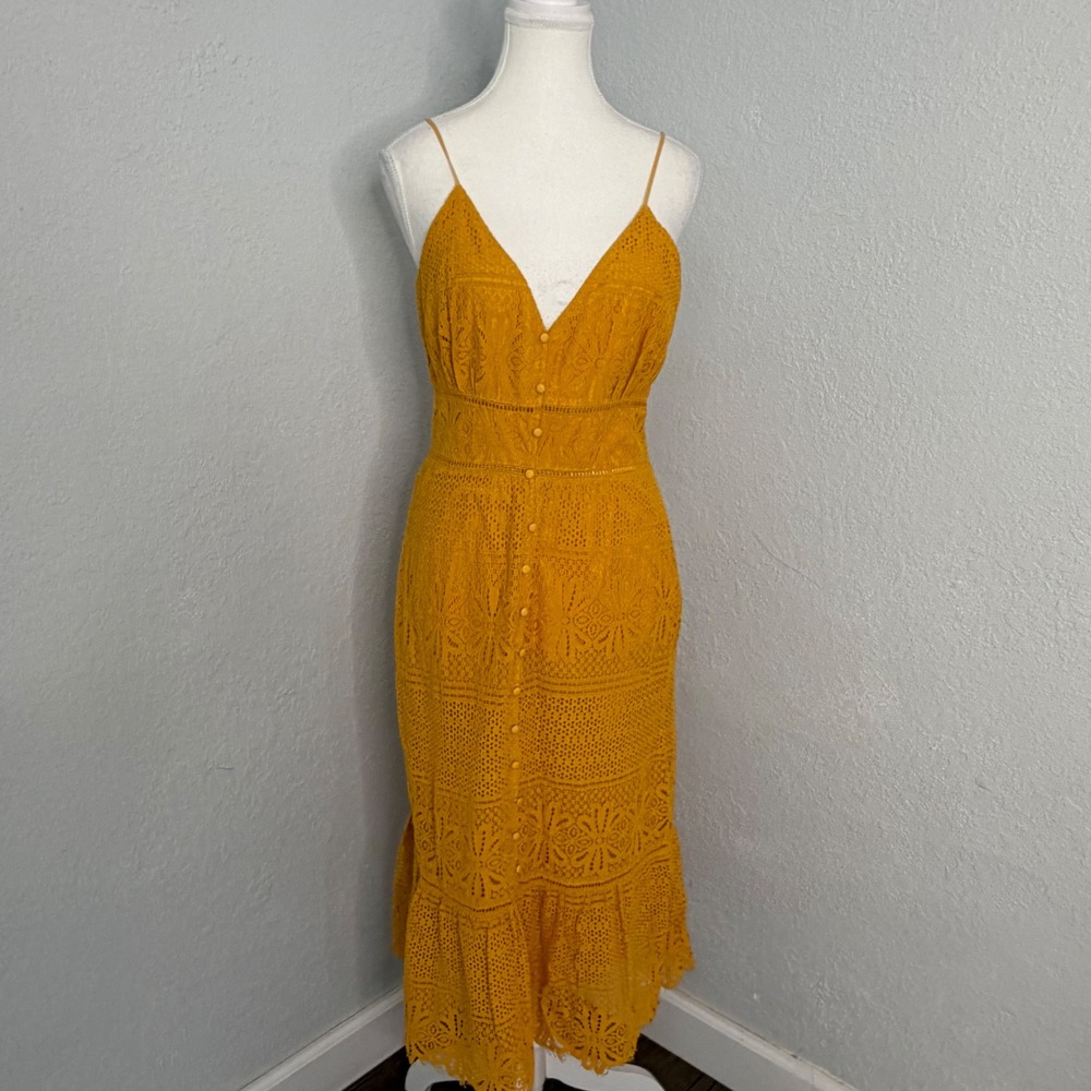 Lulus Mustard Yellow Lace Midi Dress Button Front Marigold Crochet Boho Size M - Picture 2 of 7
